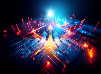 Wall Mural - bright futuristic digital art with glowing arrows pointing up. blue and orange lights on a dark back