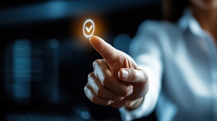 Poster - A woman is pointing at a glowing check mark on a screen