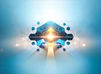 Canvas Print - Geometric arrow points upward radiating bright light on a blue digital background. Futuristic design with light rays and hexagonal shapes.