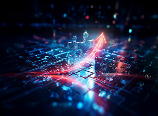 Poster - glowing red arrow ascends on circuit board, illuminated by blue light. futuristic tech concept with 