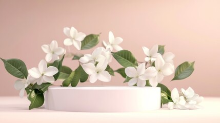 Poster - Elegant white 3D podium with soft spring florals and green leaves, set against a pastel background, minimalist aesthetic