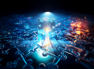 Poster - abstract glowing structure with interconnected chains radiates blue and orange light. a futuristic a