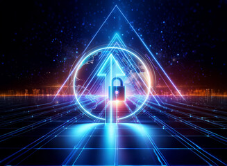 Wall Mural - Futuristic digital scene with a glowing blue upward arrow and padlock inside a circle and triangle frame, set on a grid surface against a starry background.