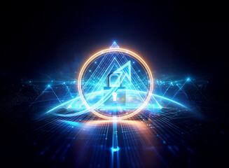 Poster - abstract digital artwork featuring a glowing lock inside a triangle and circle, illuminated with vib