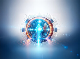 Wall Mural - a bright blue arrow ascends from the center of a futuristic, circular design with radiating light an