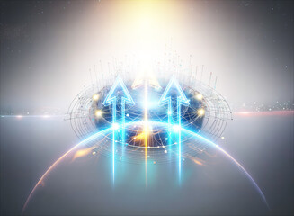 Poster - bright light emanates above a futuristic circular platform with blue arrows pointing upwards. a glow