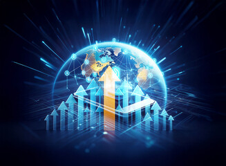 Wall Mural - arrows rise from the globe, symbolizing global progress and growth. dynamic blue light rays radiate 