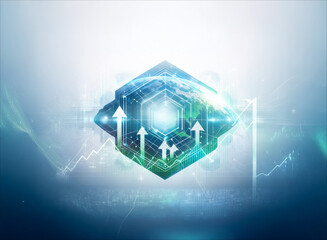 Poster - futuristic geometric cube with upward arrows symbolizes growth and advancement against a bright, gra
