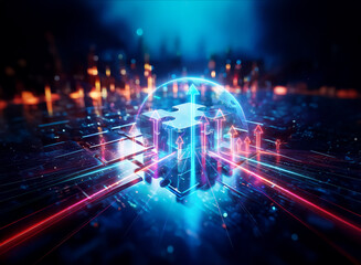 Poster - futuristic digital scene with a glowing puzzle sphere at the center, vibrant lines, and a blurred ci