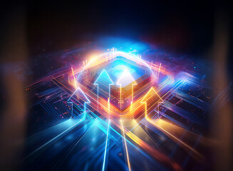 Wall Mural - abstract glowing arrows in blue and orange dynamically point upwards, symbolizing technological adva