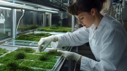 Poster - A woman in a white lab coat is working with plants in a lab