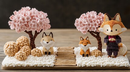 Poster - Couple of figurines on a table with a miniature japanese diorama display in a cozy setting