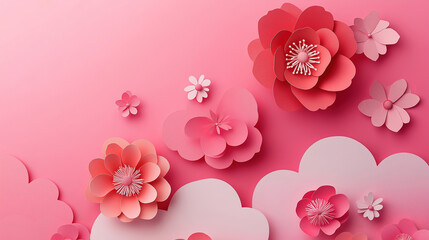 Wall Mural - Women's Day greeting card with eight sign and paper cut clouds and flowers for March 8