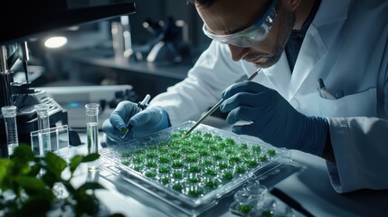 Poster - A man in a lab coat is working on a project with green plants