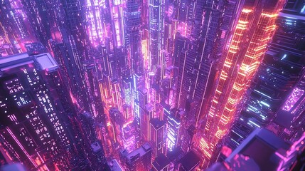 Poster - Neon Cityscape Overhead View with Vibrant Lights and Patterns