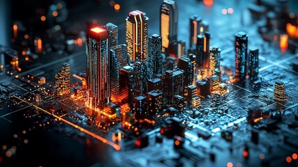 Poster - Futuristic Cityscape at Night with Neon Lights and Technology Themes
