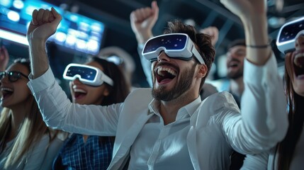 Poster - A man wearing a white shirt and glasses is wearing a virtual reality headset