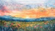 © possawat - Serene Landscape with Colorful Flowers and Vibrant Sunset Sky