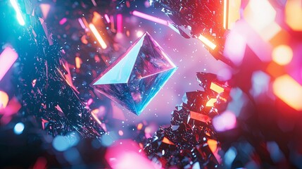 Poster - Abstract Neon Pyramid Surrounded by Colorful Light Effects