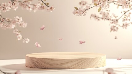 Poster - Floating wooden podium with subtle pink petals and spring foliage, modern minimalist scene, natural elegance