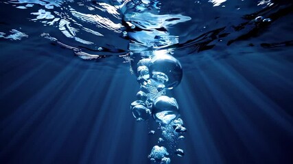 Poster - Underwater view of bubbles rising to the surface with sunlight beams, serene ocean exploration concept
