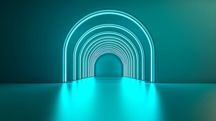 Poster - Futuristic Neon Arched Tunnel with Soft Blue Lighting and Reflections