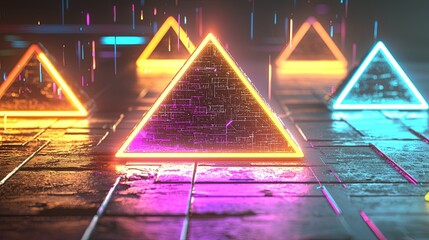 Poster - Neon Pyramid Shapes in Dark Environment with Colorful Illumination