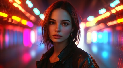 Poster - Futuristic 3D corridor illuminated by neon lights and glowing particles, a cyberpunk-inspired abstract background.