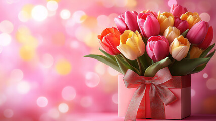 Wall Mural - spring bouquet of tulips with gift box on pink background for holiday invitation card