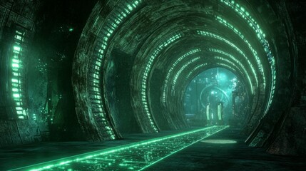 Poster - Futuristic 3D corridor illuminated by neon lights and glowing particles, a cyberpunk-inspired abstract background.