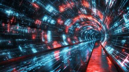 Poster - Vibrant Abstract Digital Tunnel with Blue and Red Light Streams