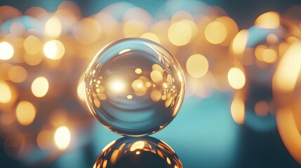 Poster - Glossy Sphere Reflecting Golden Bokeh Lights in Soft Background