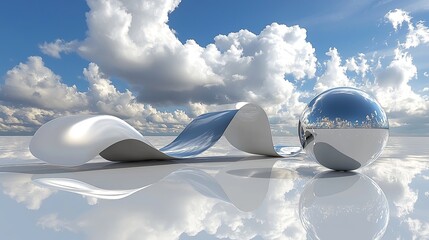 Poster - Abstract metallic shapes with sky and clouds reflection in water