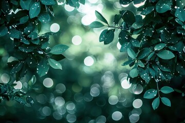 Wall Mural - lush green leaves with soft bokeh background in natural light