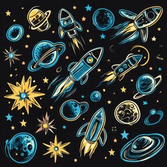 Poster - Colorful space themed stickers featuring rockets, planets, and stars on a black background for creative projects. Generative AI