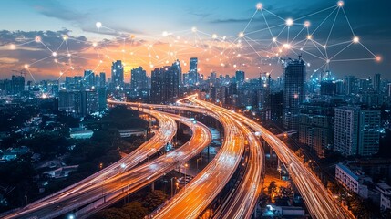 Poster - Urban skyline at sunset with digital connection concept in view