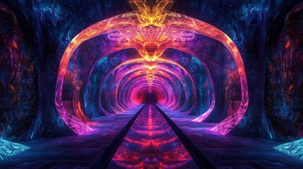 Poster - Illuminated futuristic corridor with a mix of deep blues, purples, and neon pinks, an abstract digital realm with glowing energy.