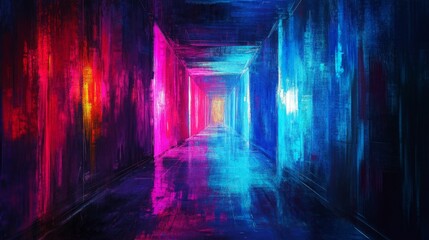 Poster - Illuminated futuristic corridor with a mix of deep blues, purples, and neon pinks, an abstract digital realm with glowing energy.