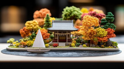 Miniature house with a sail on a table in a detailed japanese diorama setting