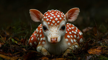 Wall Mural - Adorable fawn in autumn leaves, forest background, wildlife photography