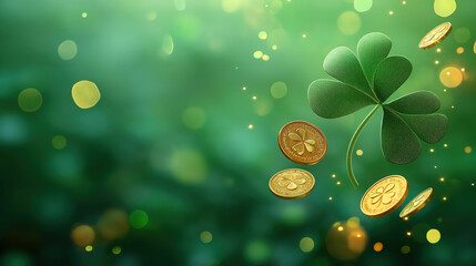 Wall Mural - St Patrick’s Day magic with a floating four-leaf clover, gold coins and sparkling green backdrop