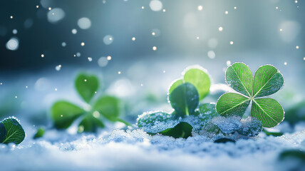 Wall Mural - lucky four-leaf clover leaves surrounded by snow in the winter season with clover flowers
