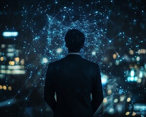 Poster - Businessman observing glowing digital connections in the sky