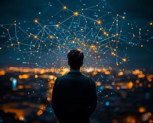 Poster - Businessman observing glowing digital connections in the sky