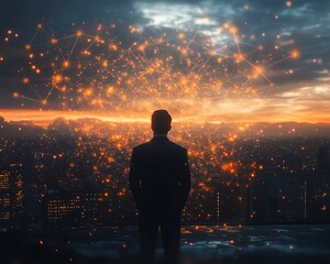 Poster - Businessman observing glowing digital connections in the sky