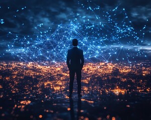 Poster - Businessman observing glowing digital connections in the sky