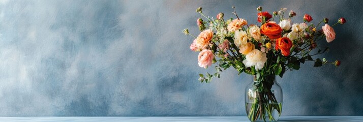 Poster - Colorful ranunculus bouquet in a glass vase against a textured blue background in a bright indoor setting. Generative AI