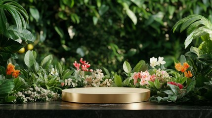 Poster - Luxury gold-edged platform among wild spring flowers and lush green leaves, clean and stylish design