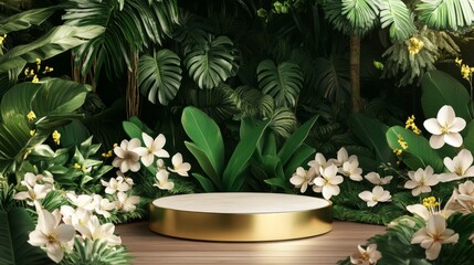 Poster - Luxury gold-edged platform among wild spring flowers and lush green leaves, clean and stylish design