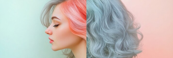 Poster - Transformation from gray hair to vibrant dyed locks showcases individuality and style choices during a creative process. Generative AI